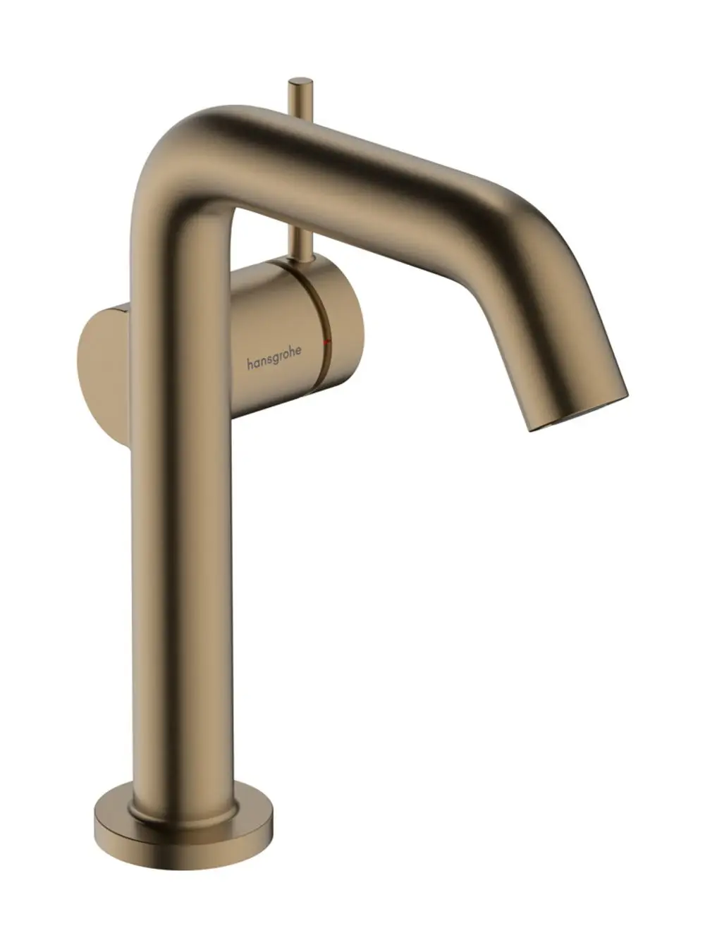 Einhebel-Waschtischmischer aus gebürstetem Bronze mit ausziehbarem Wasserstrudel und Push-Open Ablaufgarnitur von Hansgrohe. Kompakte, moderne Form.
